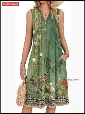 Sleeveless Midi Tank Sundress with Pockets V Neck Buttons Pleated A Line